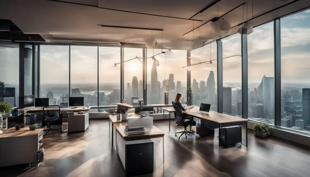 Eine moderne Bürofläche mit Blick auf eine belebte Stadtkulisse.