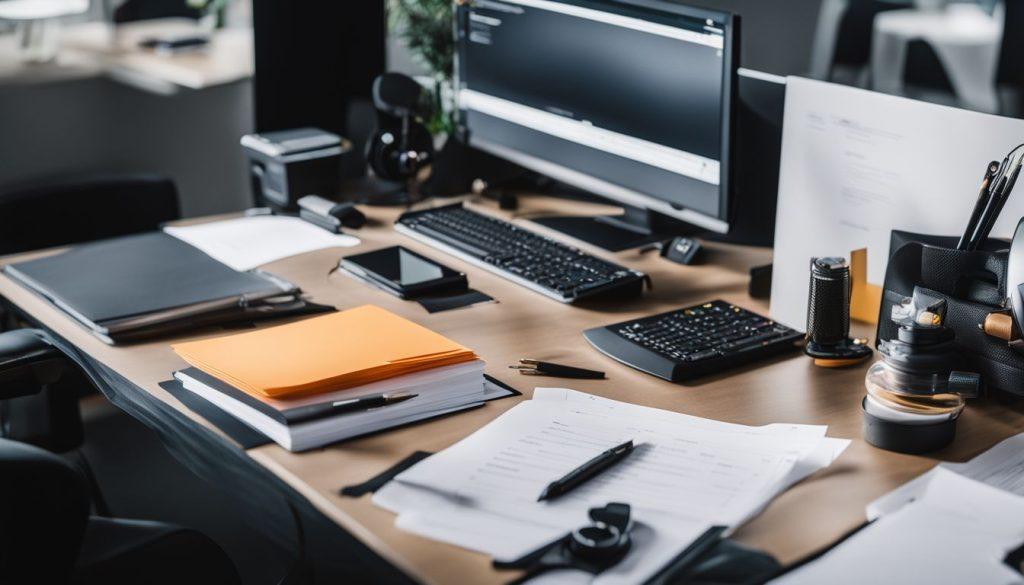 Ein Schreibtisch mit professionellen Werkzeugen und Dokumenten in einem modernen Büro.